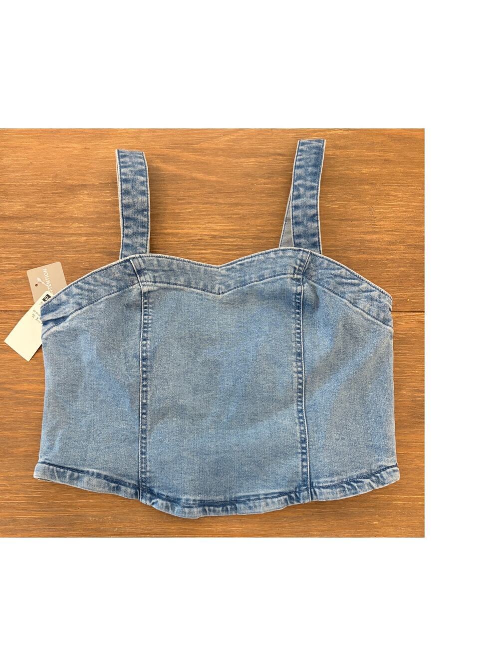 GU Denim Cropped Tank Top Women’s Large Light Wash Ruffle Trim